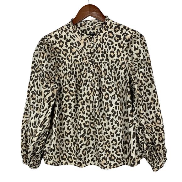 J.Crew Tops - J Crew Blouse Button Front Ruffleneck Popover Leopard Print Cotton Women's S